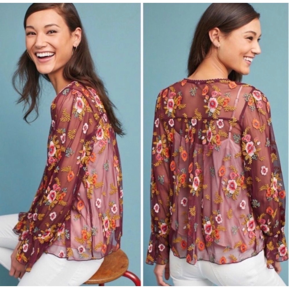 Anthropologie Feather Bone Giralda Floral‎ Embroidered Boho Blouse Medium